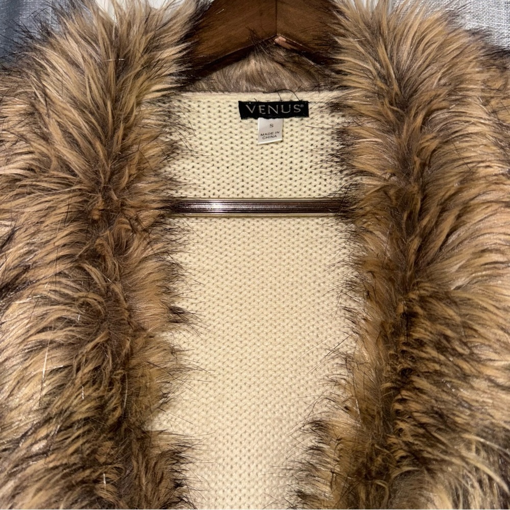 Venus Faux Fur Collar Cardigan Cream Open Front Knit Sweater Cozy Fall Boho - Picture 4 of 5